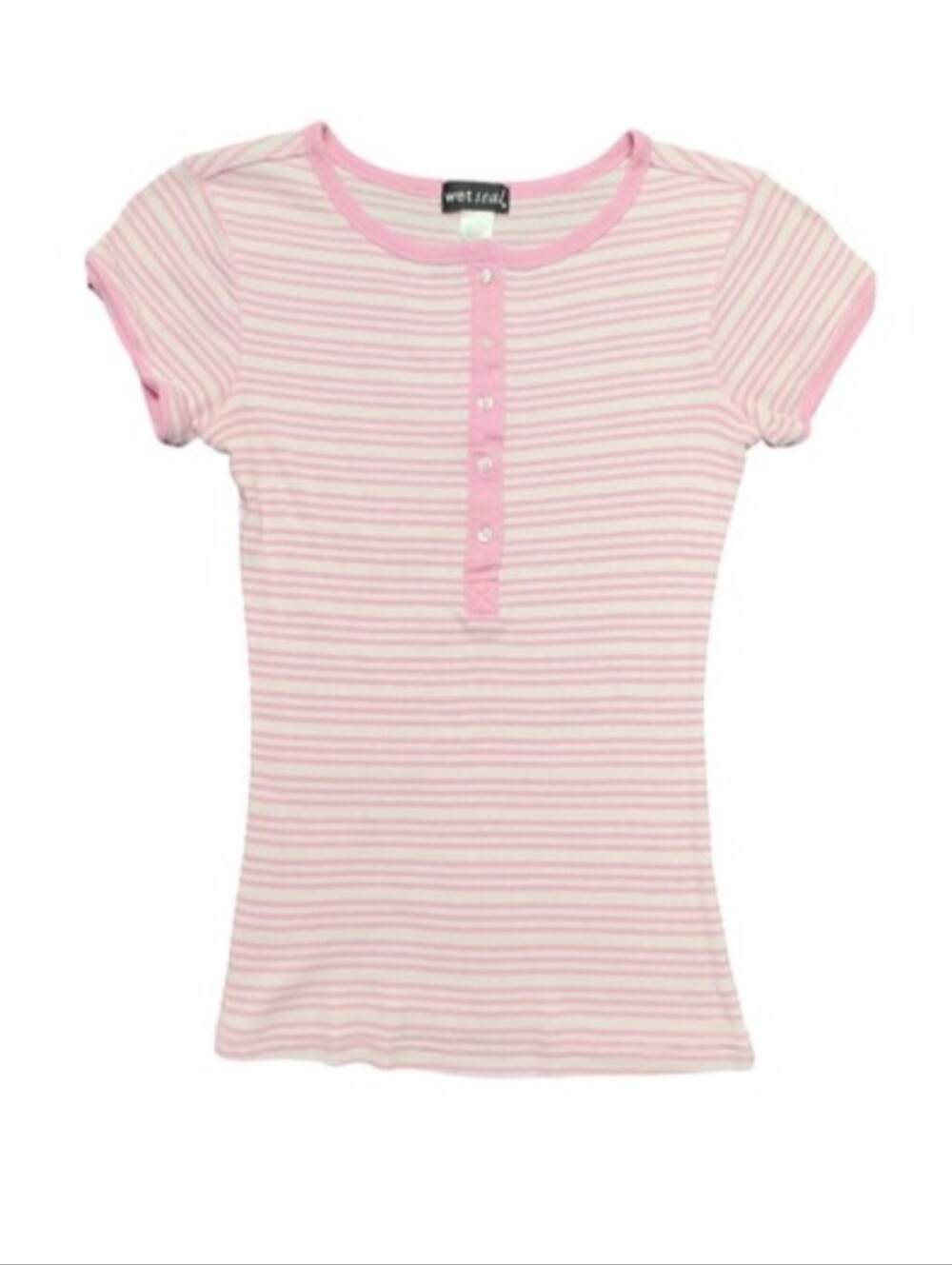 Wet Seal Pink & White Striped Short Sleeve Henley